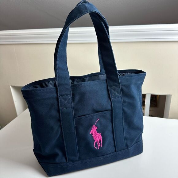 POLO RALPH LAUREN Canvas Tote Bag Navy With Pink Fuchsia Pony Embroidered RARE - Picture 1 of 13